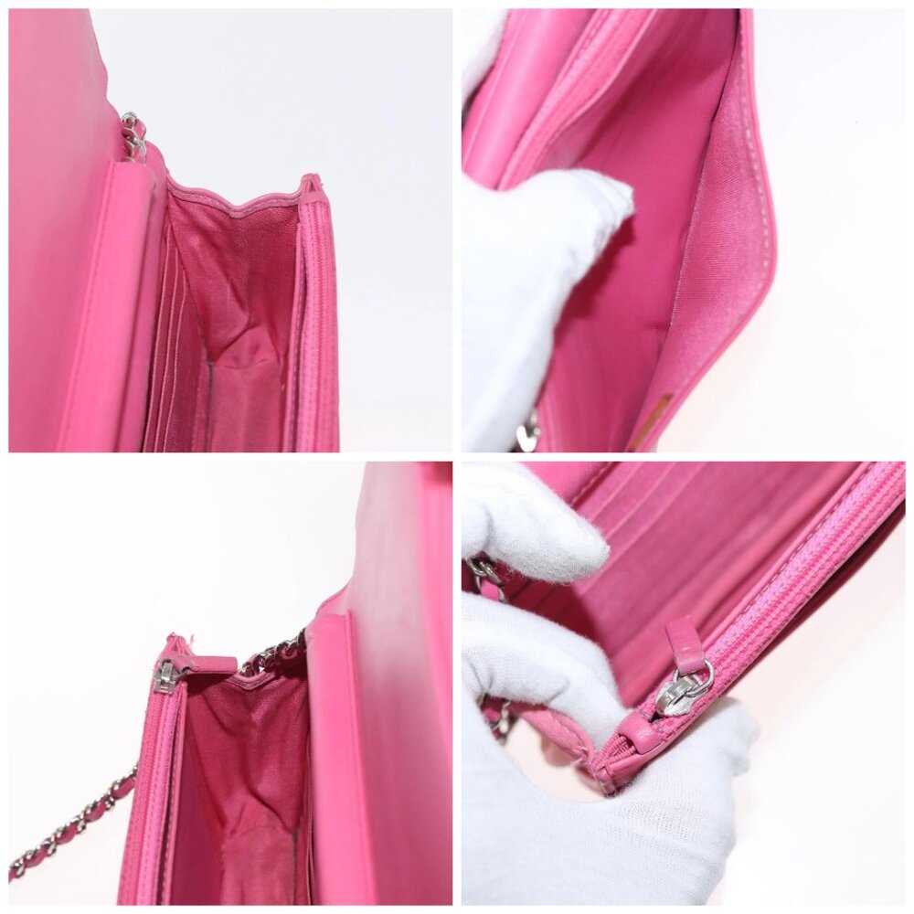 CHANEL Chain Shoulder Bag Leather Pink Silver CC - Picture 15 of 16